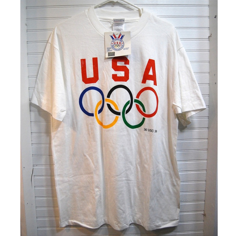 Vintage USA Olympics t-shirt size Large NWT single stitch‎ Hanes Beefy White Tee